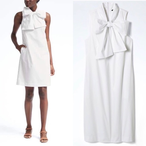 Banana Republic White Bow Tie Neck Shift Dress 8 - Picture 1 of 8